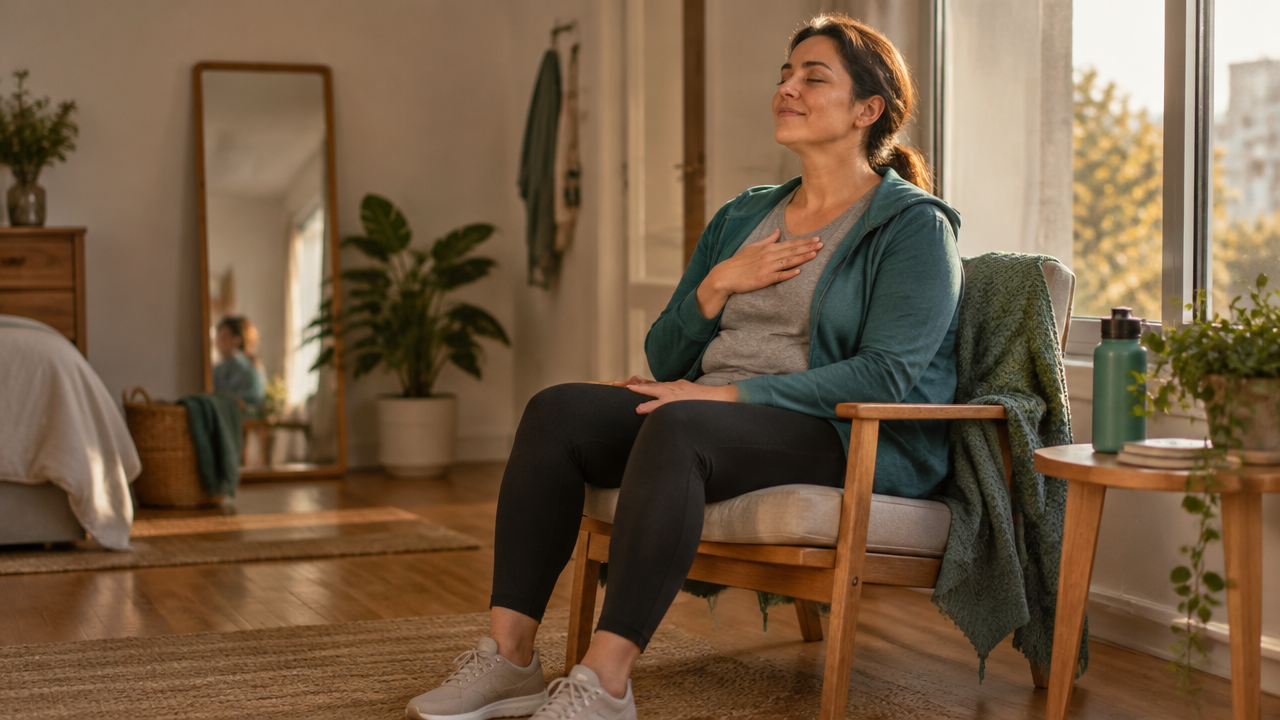 Persona adulta hace una pausa consciente y respira con calma en un espacio doméstico luminoso.