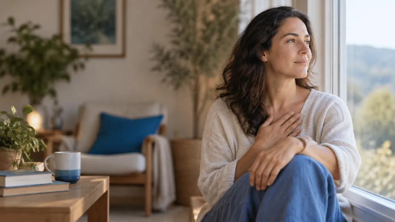 Persona adulta haciendo una pausa consciente junto a una ventana para observar y regular sus emociones