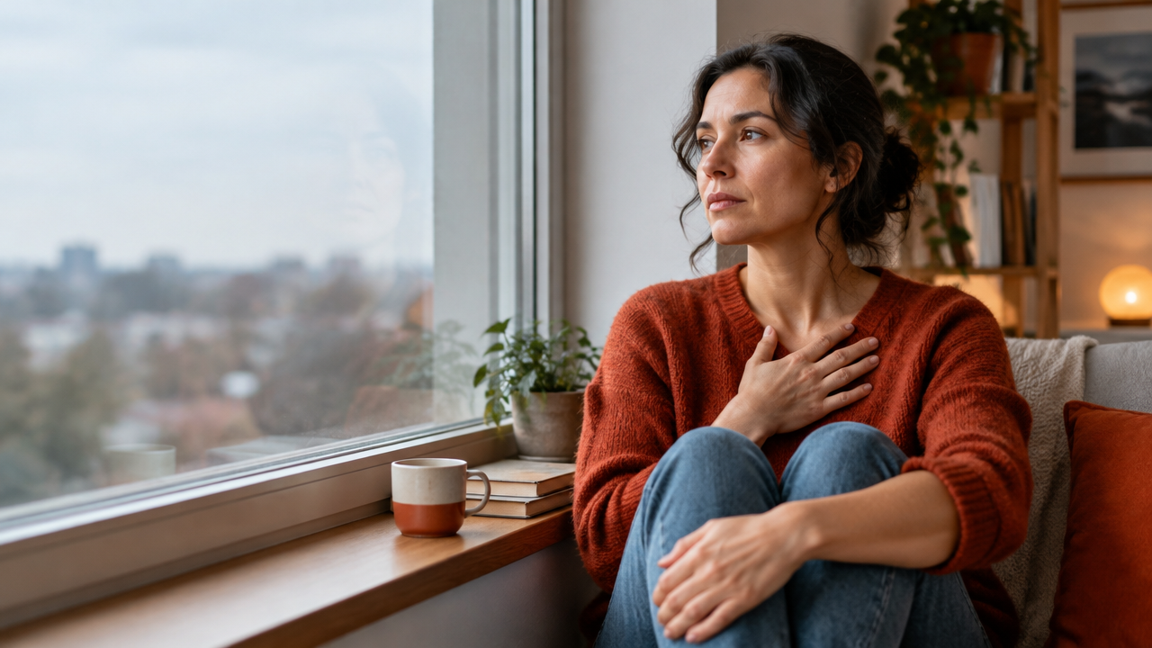 Persona adulta junto a una ventana, en actitud reflexiva, como representación de la fragmentación emocional y la búsqueda de integración interna.