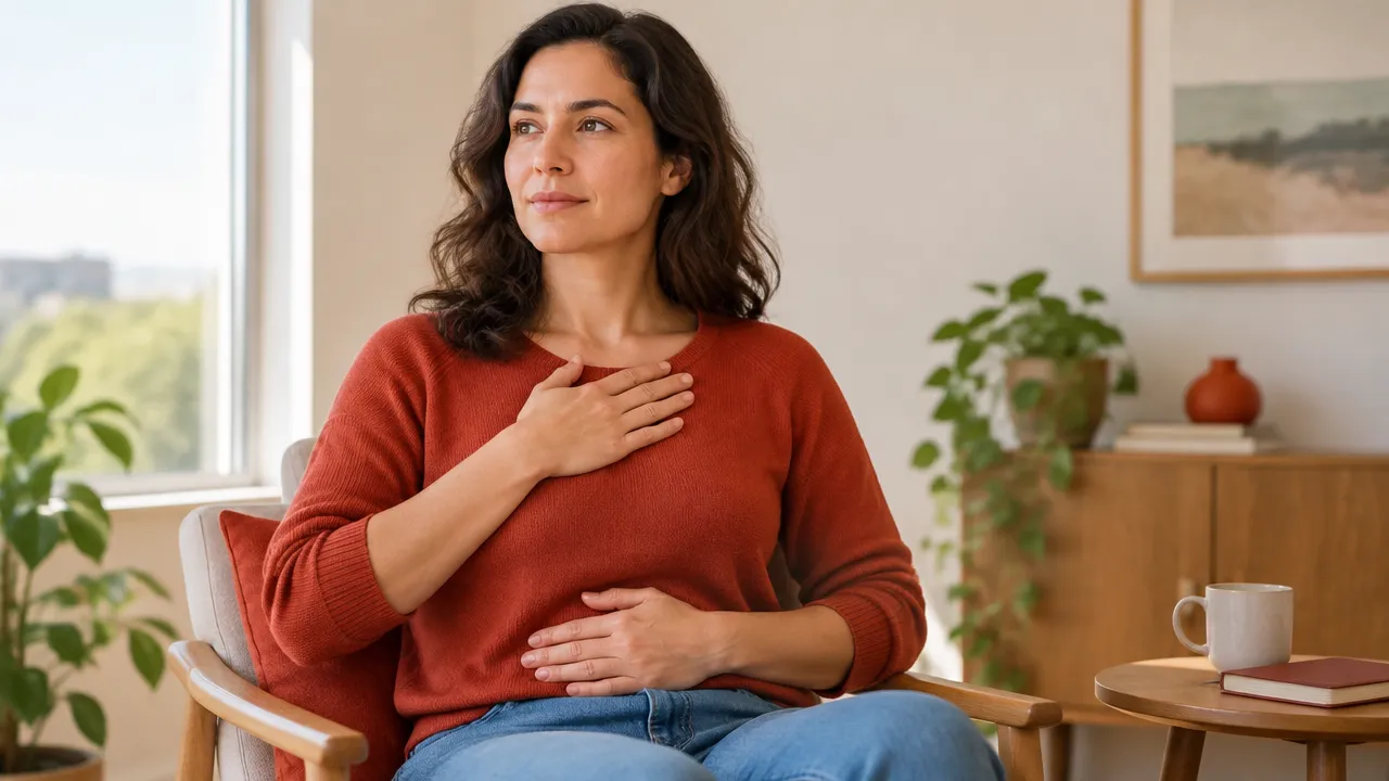 Persona adulta observa con calma las sensaciones de tensión en el pecho y el abdomen