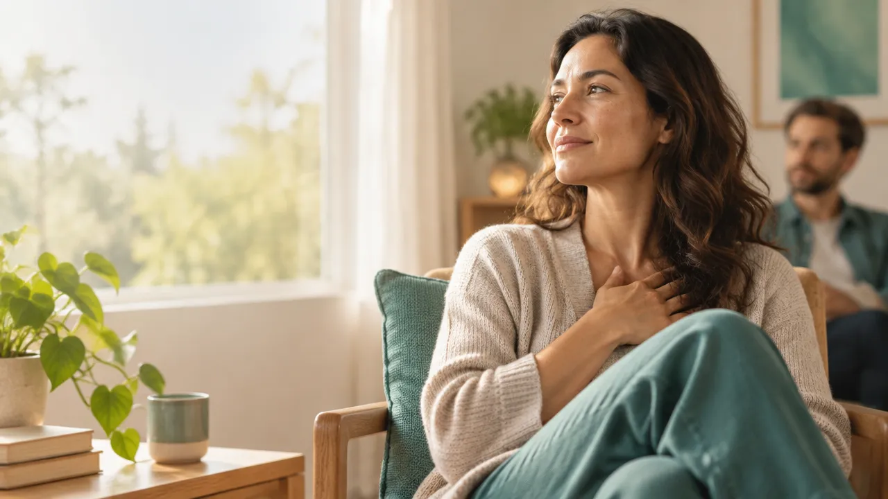 Persona adulta observando sus emociones con calma mientras conversa en un entorno luminoso