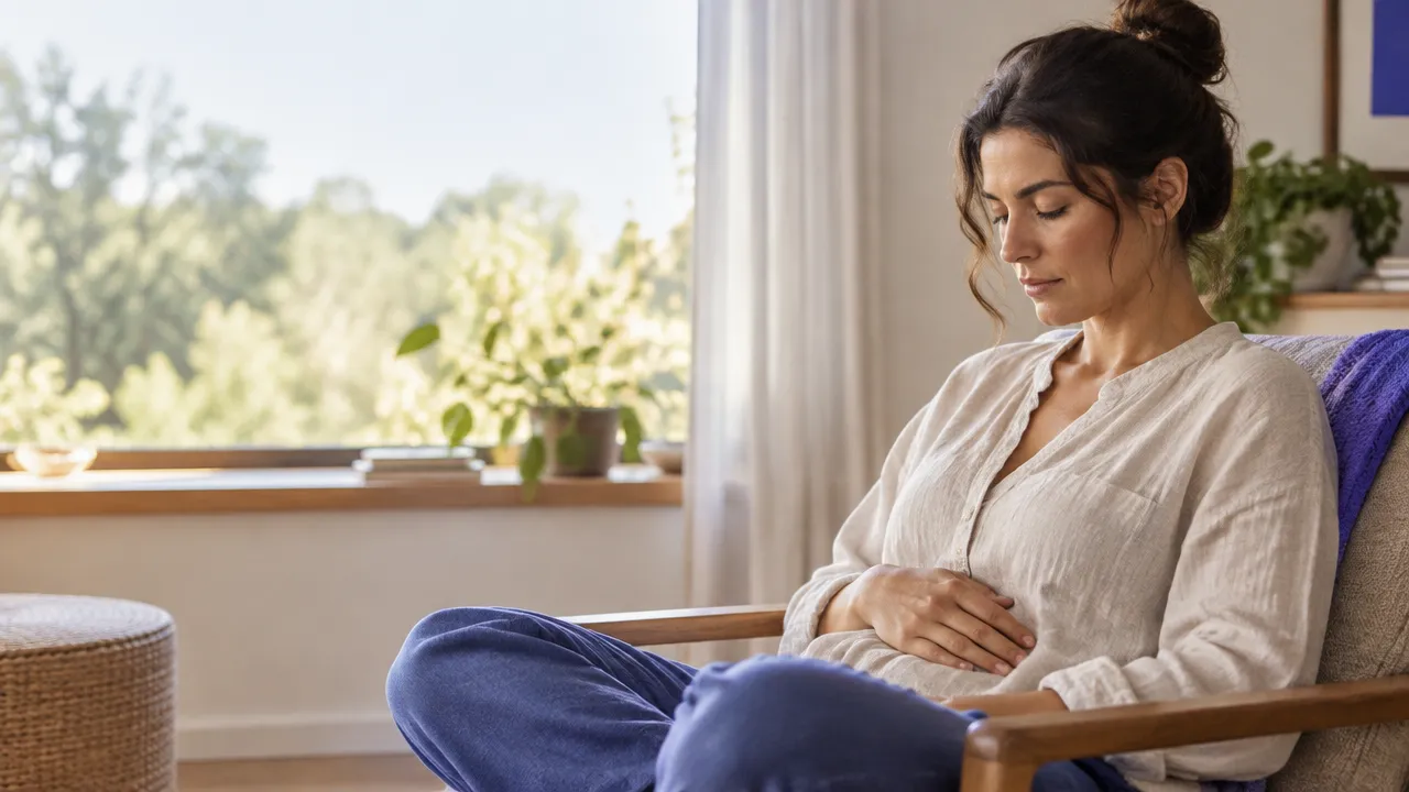 Persona adulta practicando una pausa consciente en una habitación tranquila para observar pensamientos repetitivos sin luchar contra ellos.