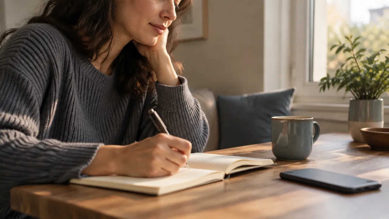 Persona adulta reflexiona y escribe en un cuaderno para identificar sus emociones y reacciones en una relación