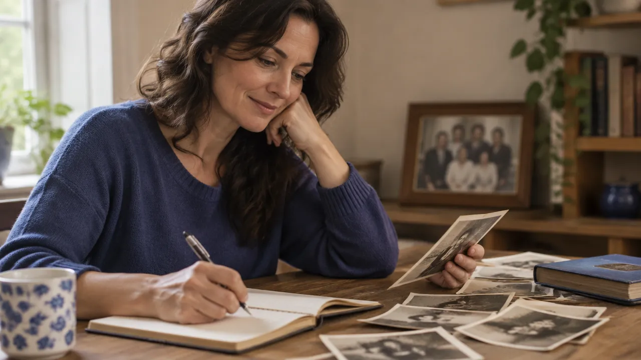 Persona adulta revisa fotografías familiares y toma notas para reconocer patrones entre generaciones