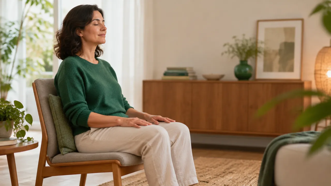 Persona adulta sentada con postura cómoda y manos relajadas, practicando meditación en una habitación tranquila.