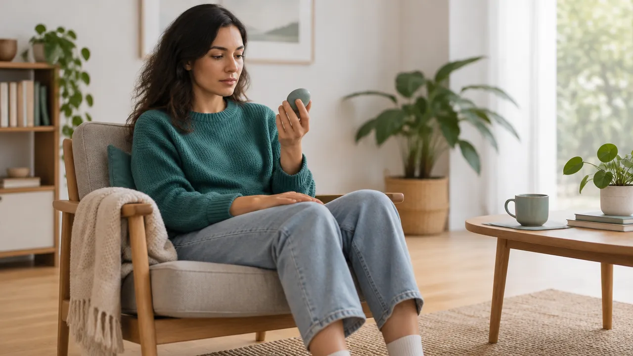 Persona adulta usando la atención sensorial y una pausa consciente para regular la ansiedad