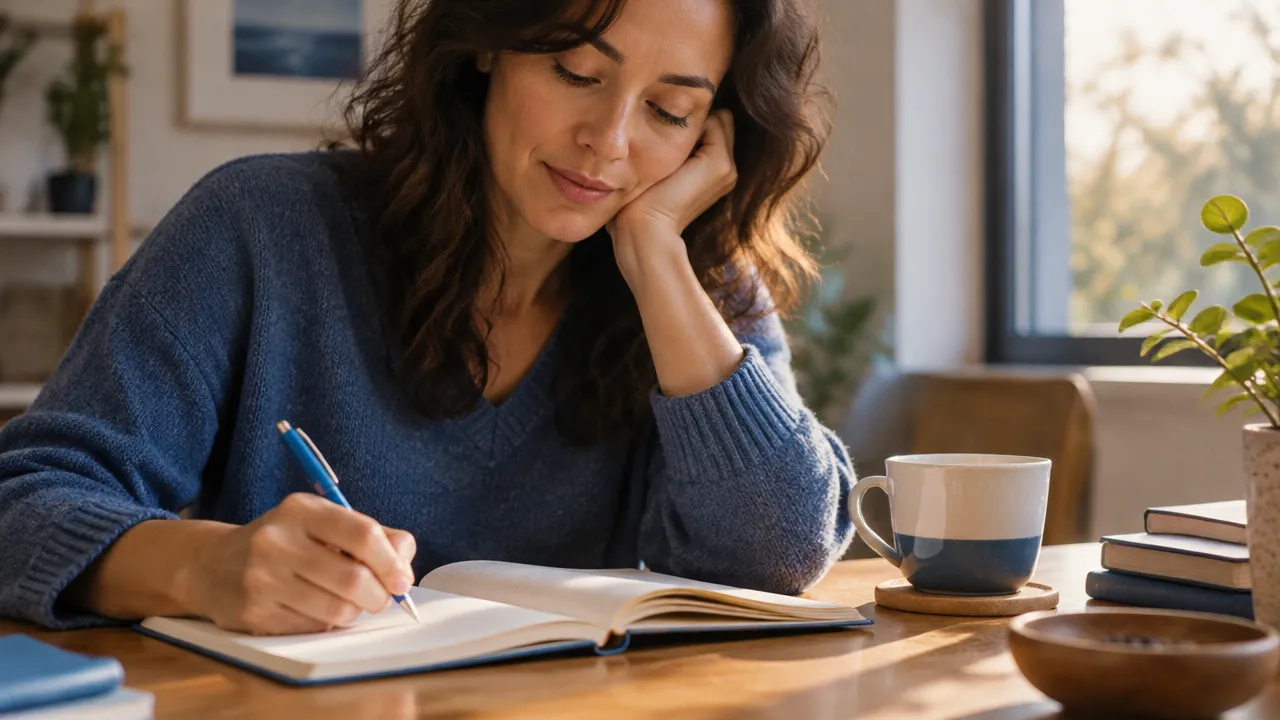 Persona anota sus emociones en un cuaderno durante una pausa de reflexión personal.