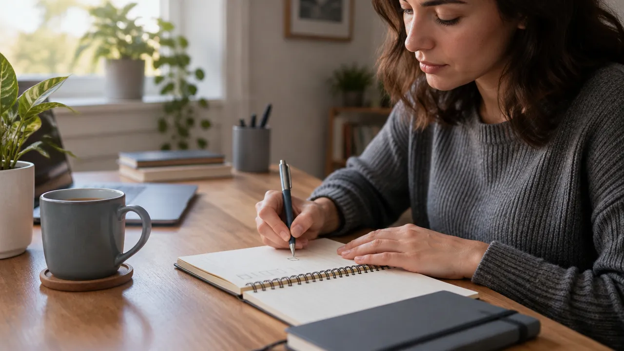 Persona anota y marca pequeños compromisos cumplidos en una libreta para reforzar la confianza personal
