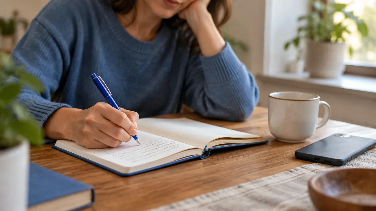 Persona anotando emociones y necesidades en un cuaderno durante una pausa reflexiva
