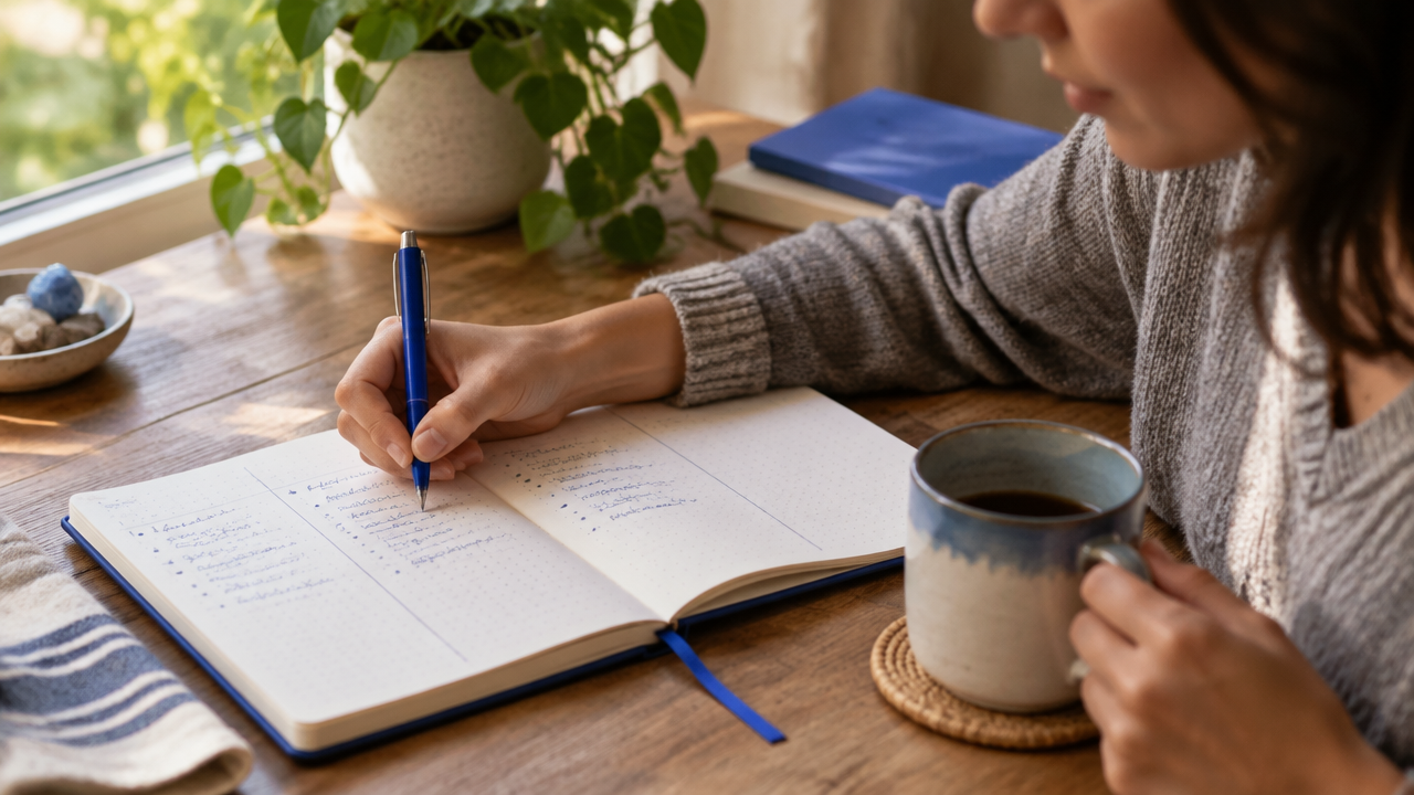 Persona anotando en un cuaderno lo que piensa, siente y hace para observar sus contradicciones internas
