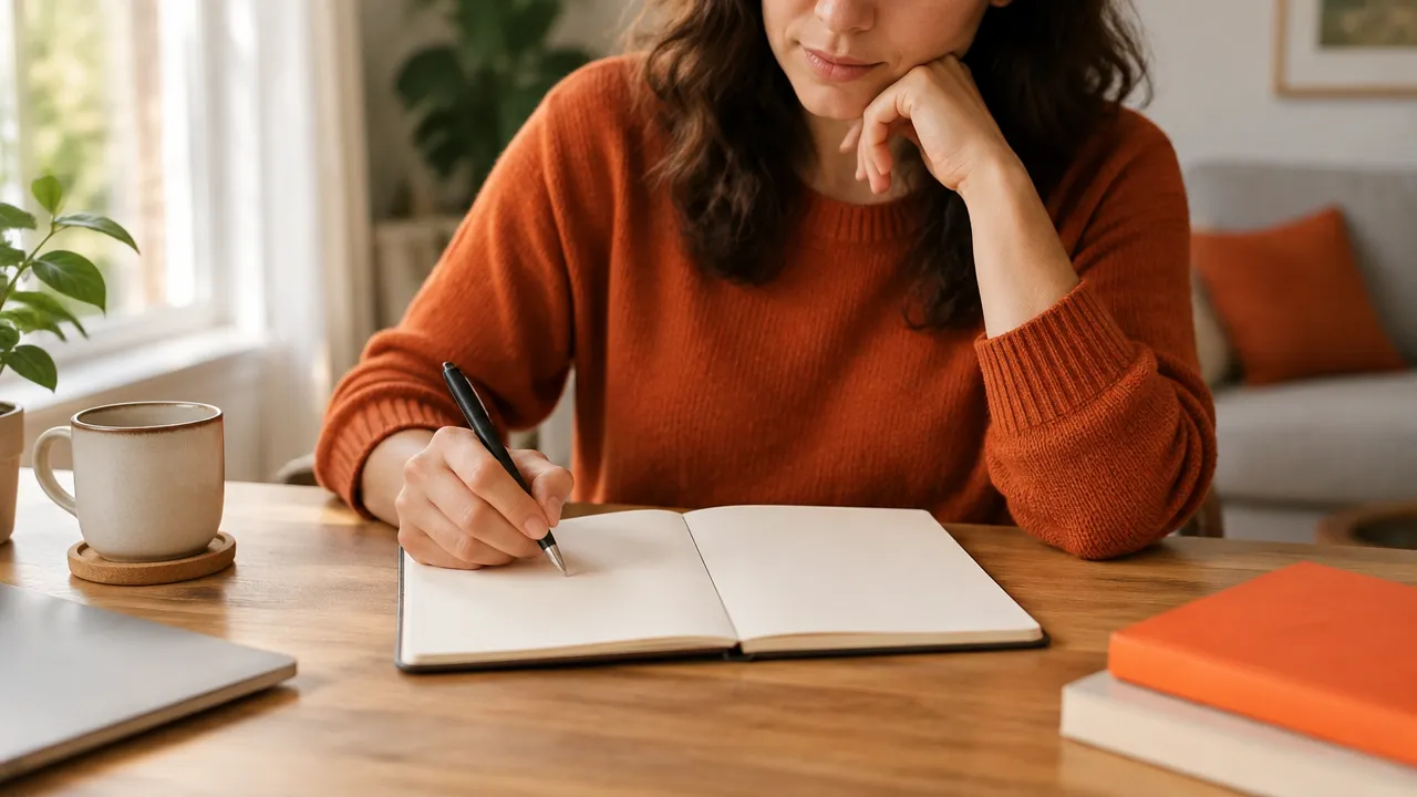 Persona anotando hechos e interpretaciones en un cuaderno para comprobar una intuición antes de decidir.