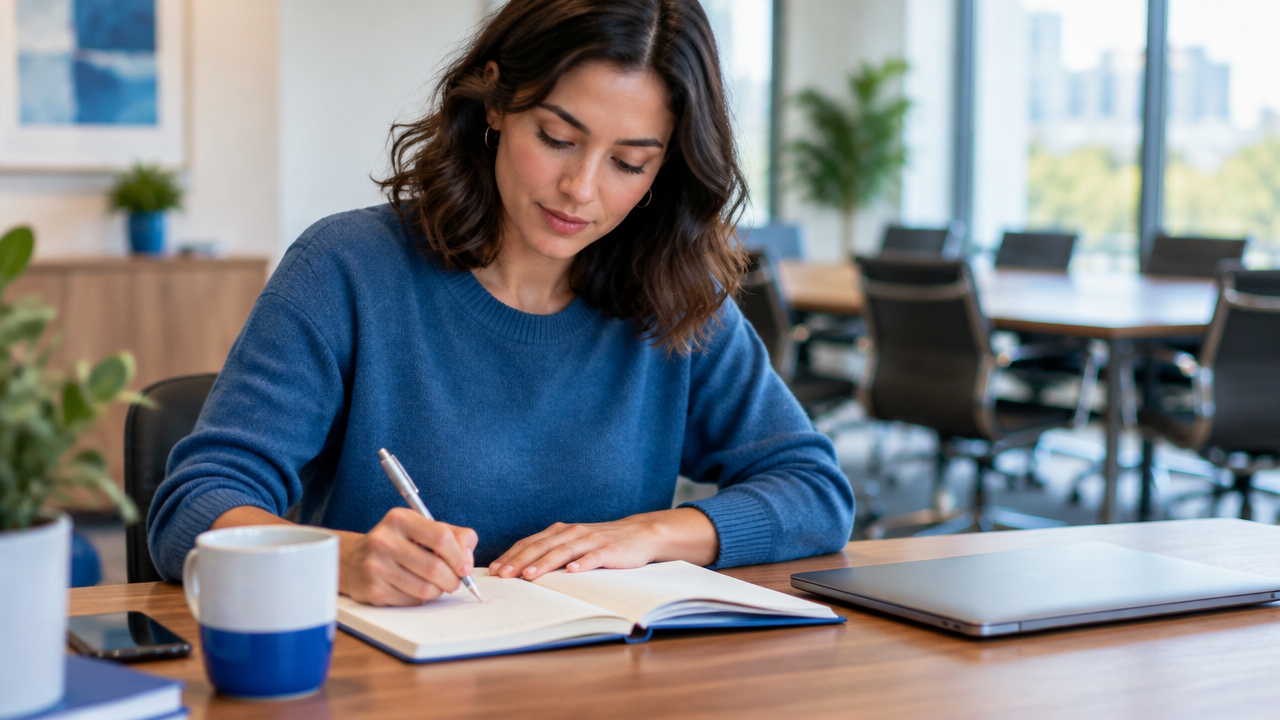 Persona anotando hechos y acuerdos laborales en un cuaderno para preparar una conversación clara y documentada