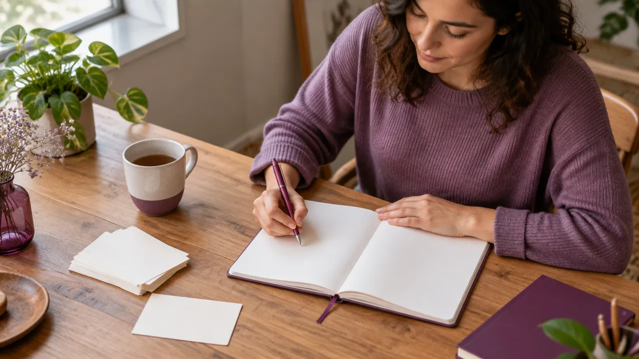 Persona anotando sus valores y prioridades en un cuaderno durante un ejercicio de reflexión personal.