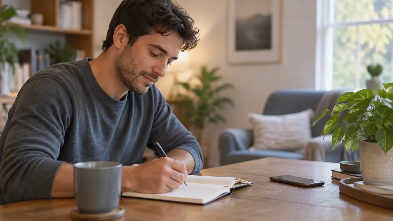Persona anotando una reflexión personal en un cuaderno en un espacio tranquilo, como ejercicio de bienestar