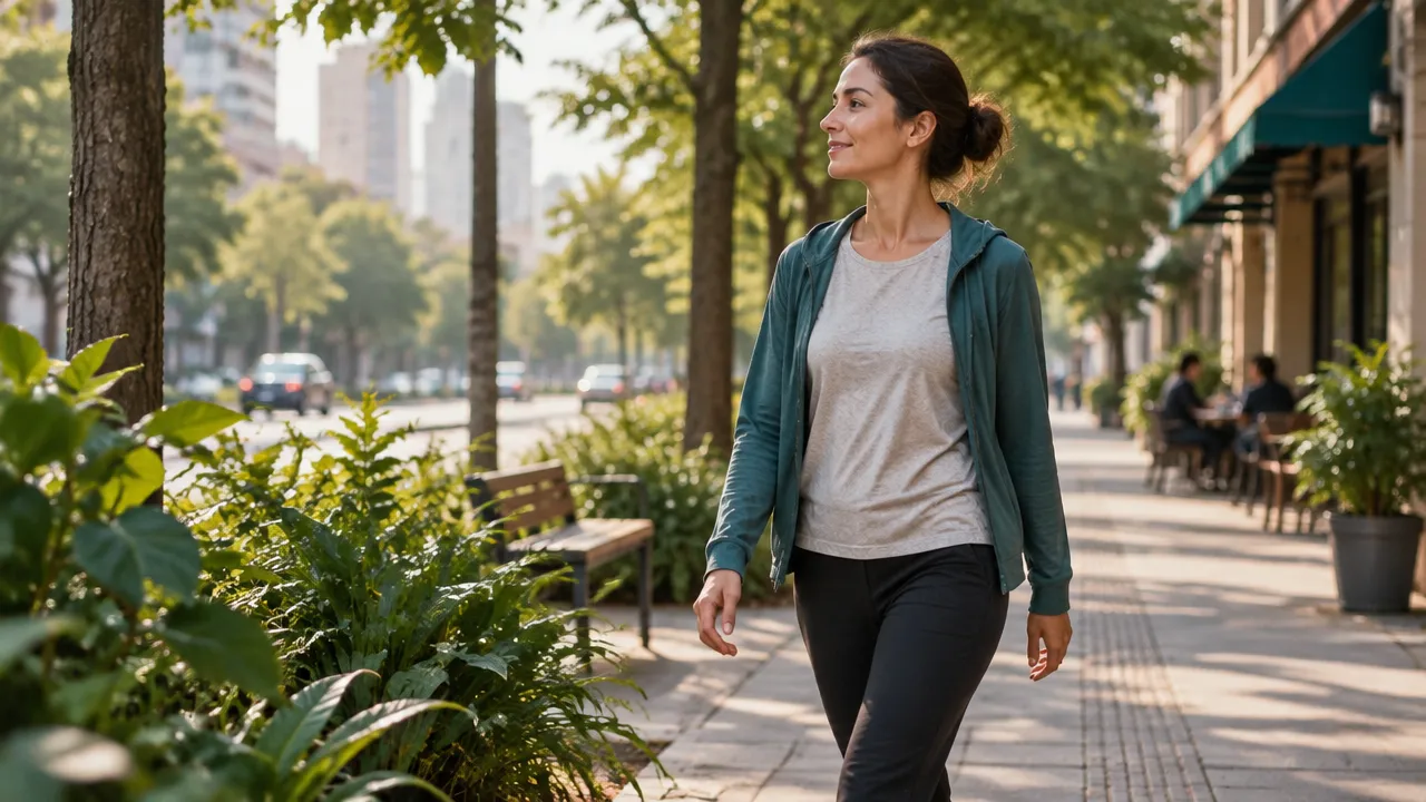 Persona caminando con calma por un sendero urbano arbolado como hábito cotidiano de autocuidado psicológico