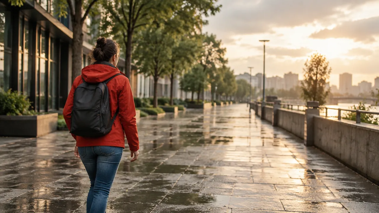 Persona caminando con calma por un sendero urbano después de la lluvia, símbolo de adaptación ante la adversidad
