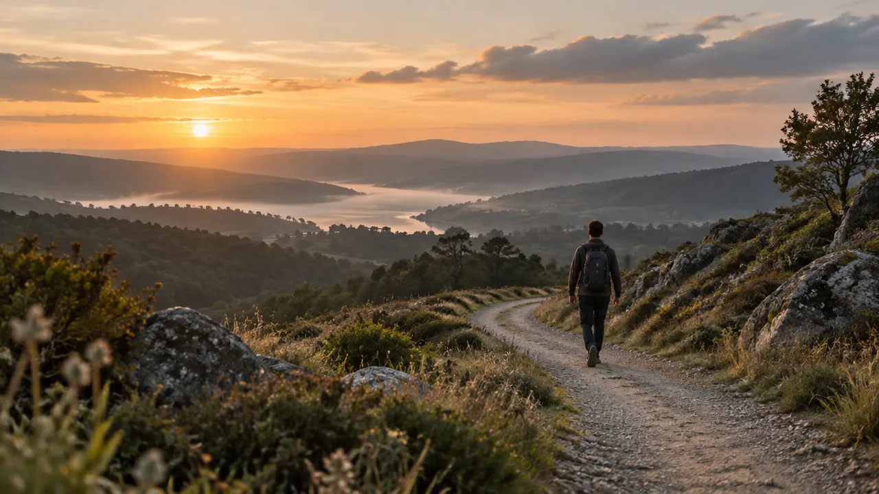 Persona caminando por un sendero al amanecer, una imagen de búsqueda de sentido y dirección personal