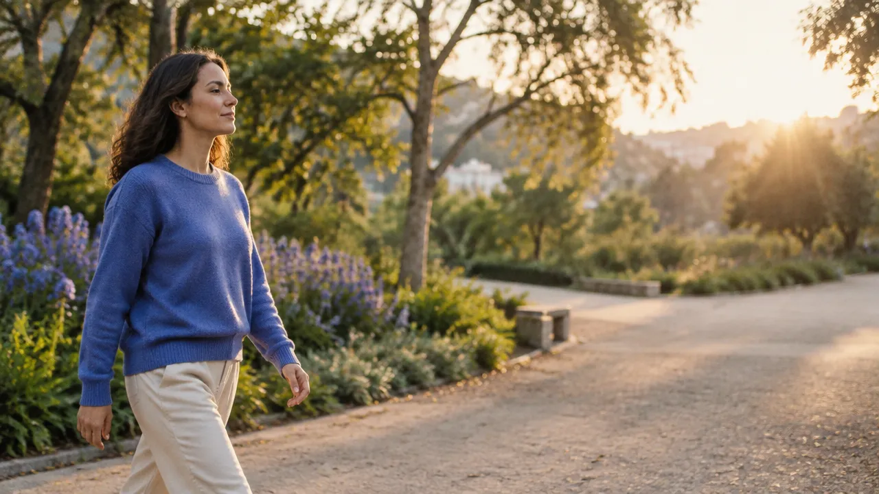 Persona caminando tranquilamente por un parque como práctica sencilla para reducir la tensión