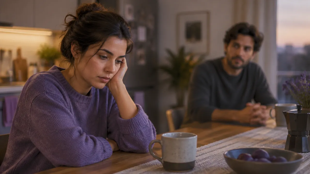 Persona cansada en una cocina mientras otra espera al fondo, reflejando tensión y distanciamiento en una relación.
