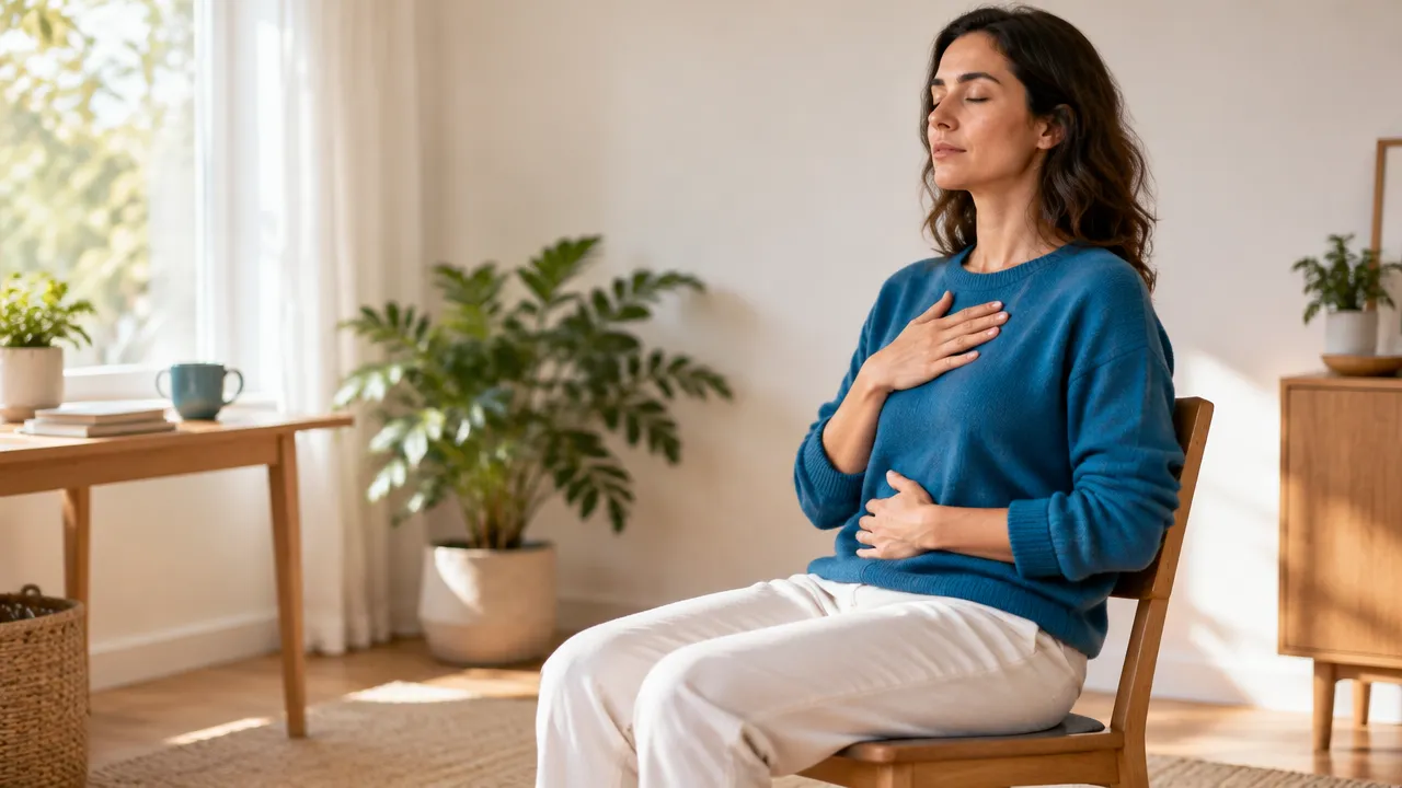 Persona con una mano en el pecho y otra en el abdomen durante un ejercicio breve de meditación