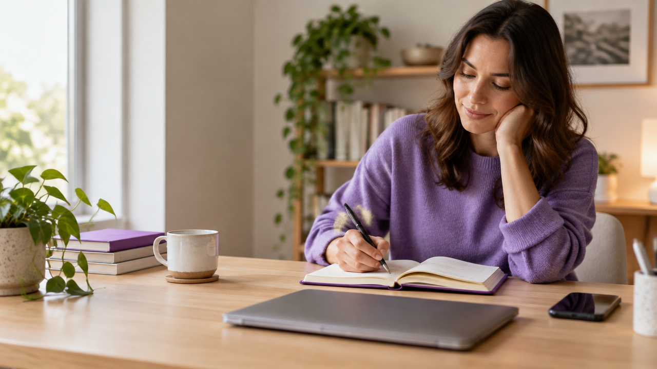 Persona concentrada en su cuaderno con el teléfono apartado para reducir las interrupciones digitales