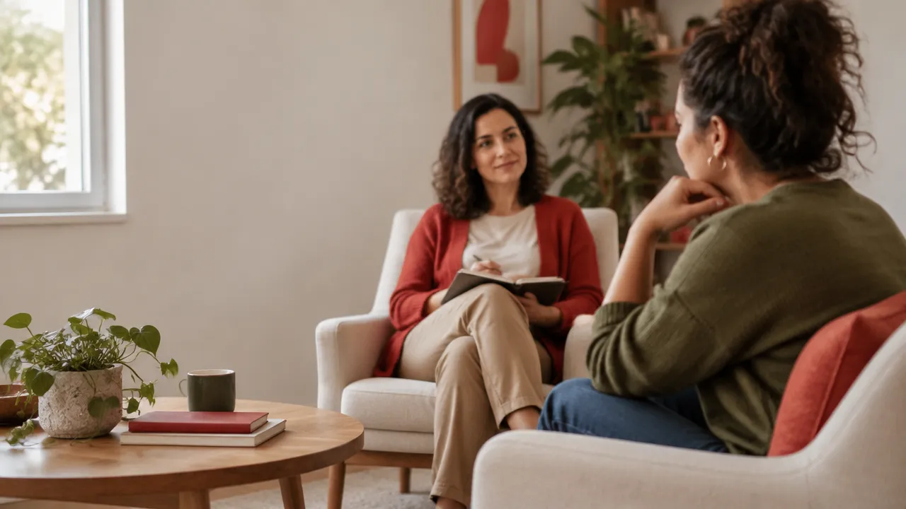 Persona conversa con una profesional en una consulta de psicoterapia luminosa y acogedora