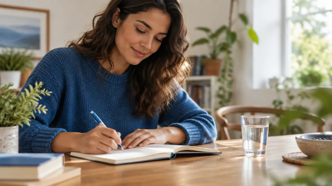 Persona convierte una intención personal en un compromiso concreto mientras escribe en un cuaderno.