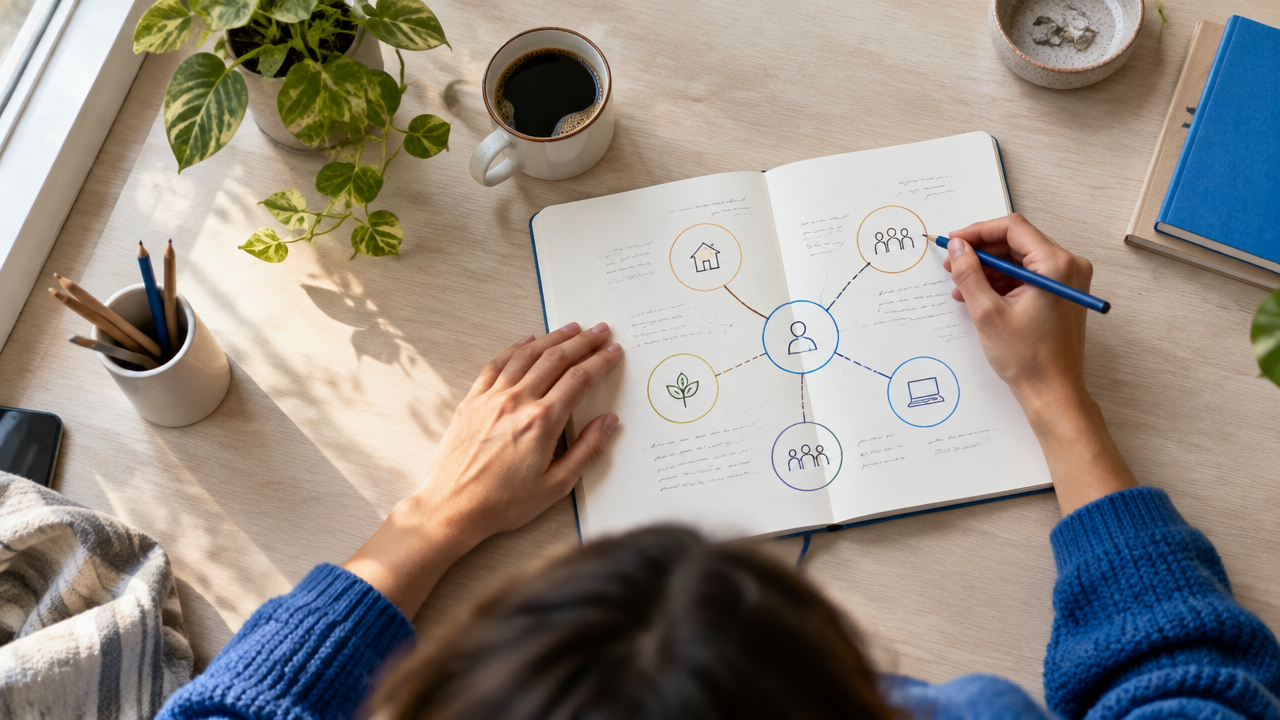 Persona dibujando en un cuaderno un mapa visual de sus relaciones personales y sistemas de apoyo.