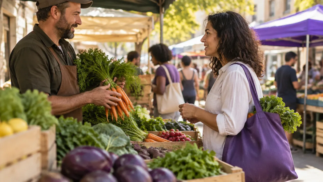 Persona eligiendo alimentos de temporada en un mercado local como práctica cotidiana de responsabilidad planetaria
