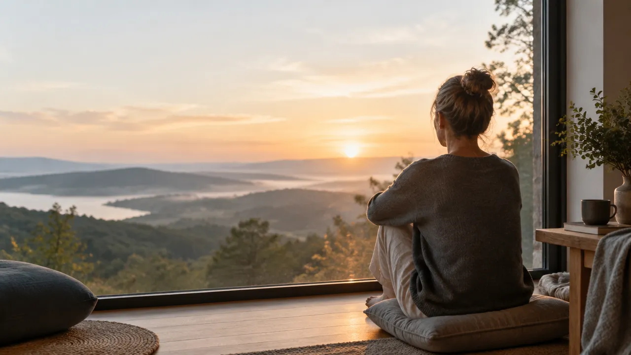 Persona en actitud reflexiva junto a una ventana con vistas a un paisaje natural, imagen sobre psicología transpersonal.