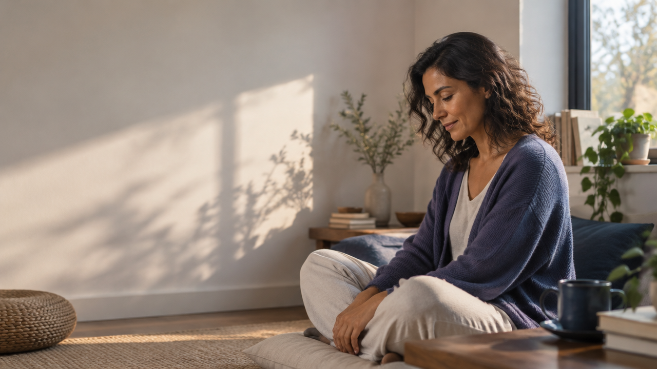 Persona en calma junto a una ventana, practicando meditación y autoindagación en un espacio cotidiano