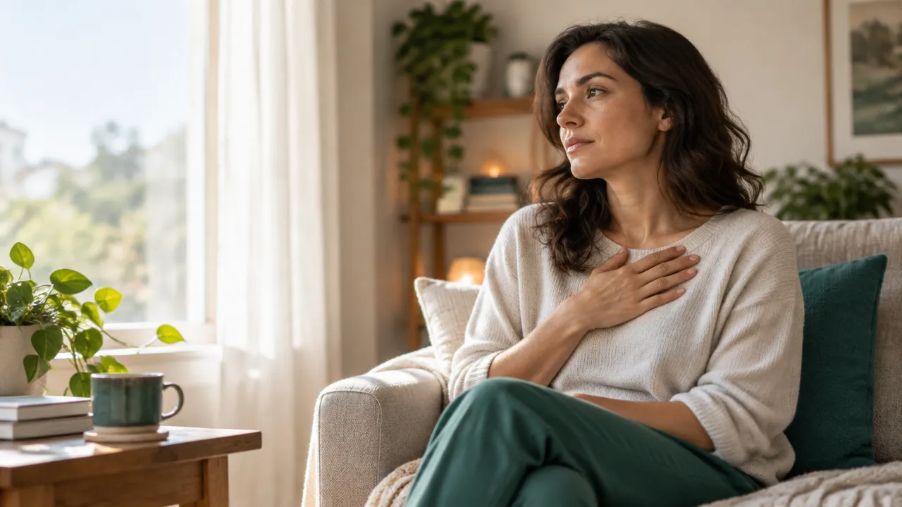 Persona en calma junto a una ventana, reconociendo la ansiedad y haciendo una pausa consciente