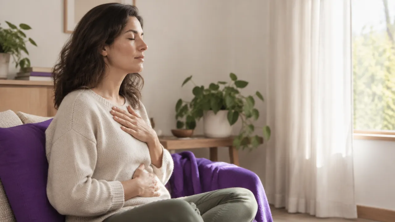 Persona en pausa consciente, atendiendo con calma a sus emociones y sensaciones corporales.