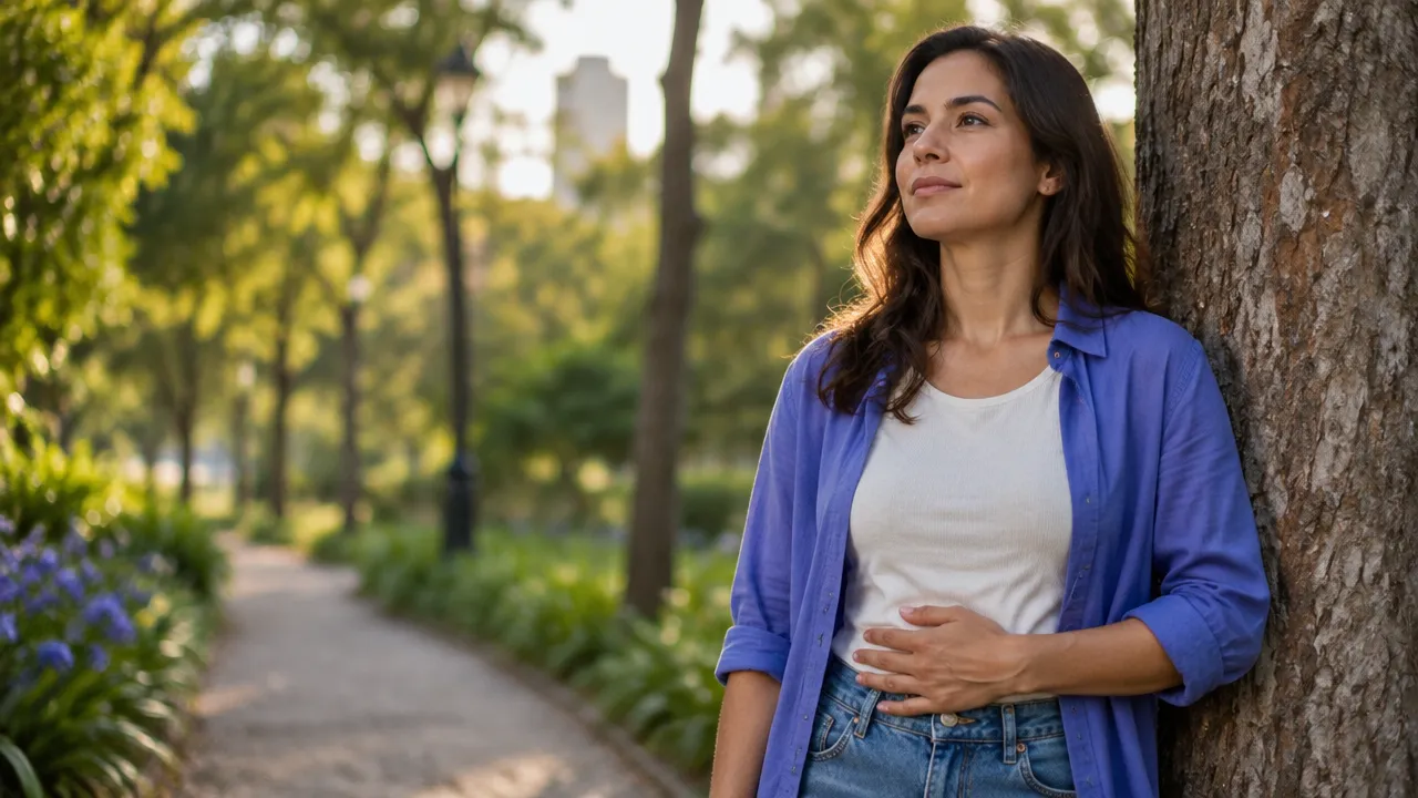 Persona en un parque que usa la respiración y el contacto con el suelo para regular una emoción intensa