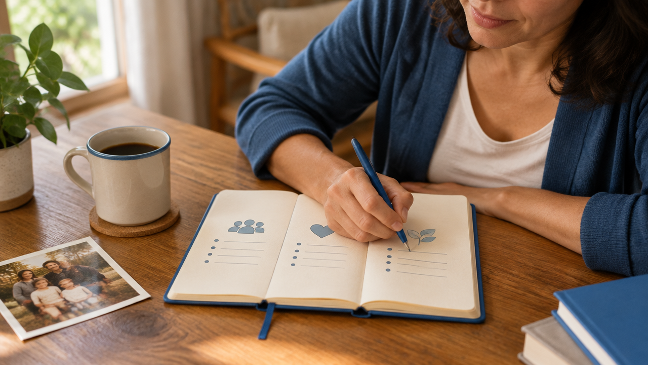 Persona escribe en un cuaderno junto a una fotografía familiar para distinguir patrones aprendidos y elegir nuevas respuestas.