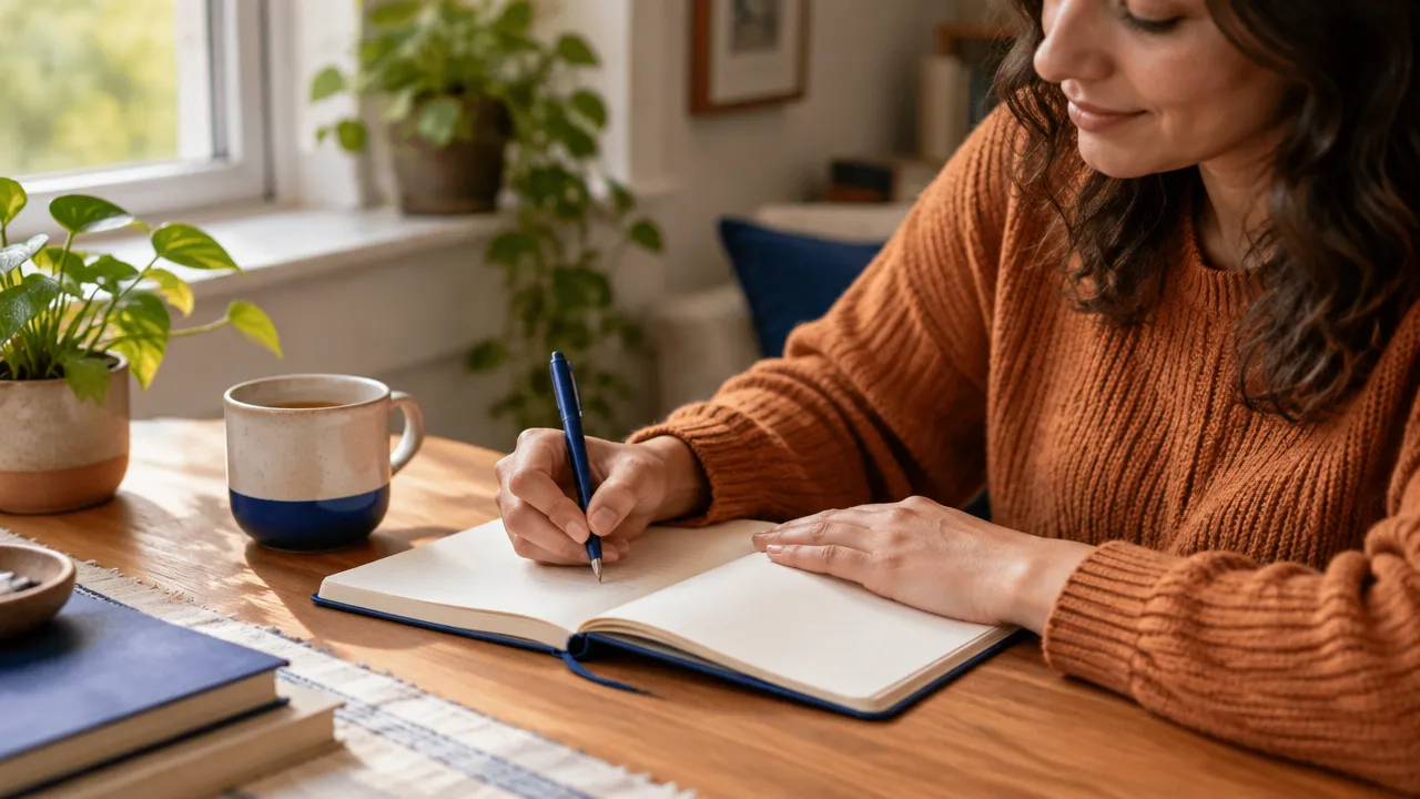 Persona escribe en un cuaderno junto a una ventana, como ejercicio cotidiano de autoconocimiento y autoestima.