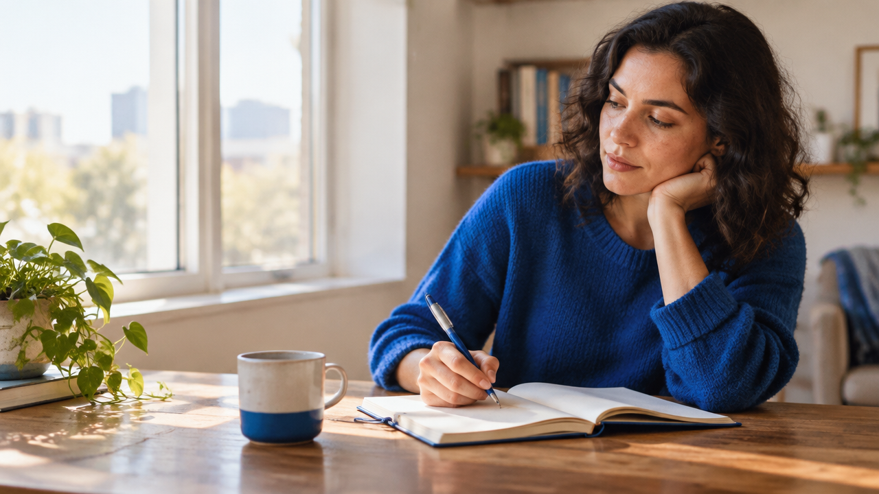 Persona escribe en un cuaderno junto a una ventana durante un momento de reflexión personal.