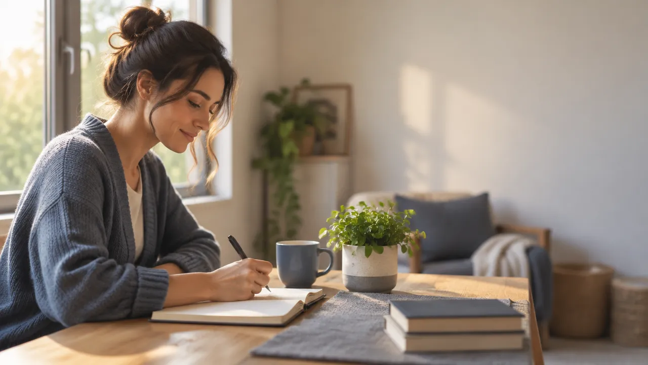Persona escribe en un cuaderno junto a una ventana para aclarar sus valores y prioridades