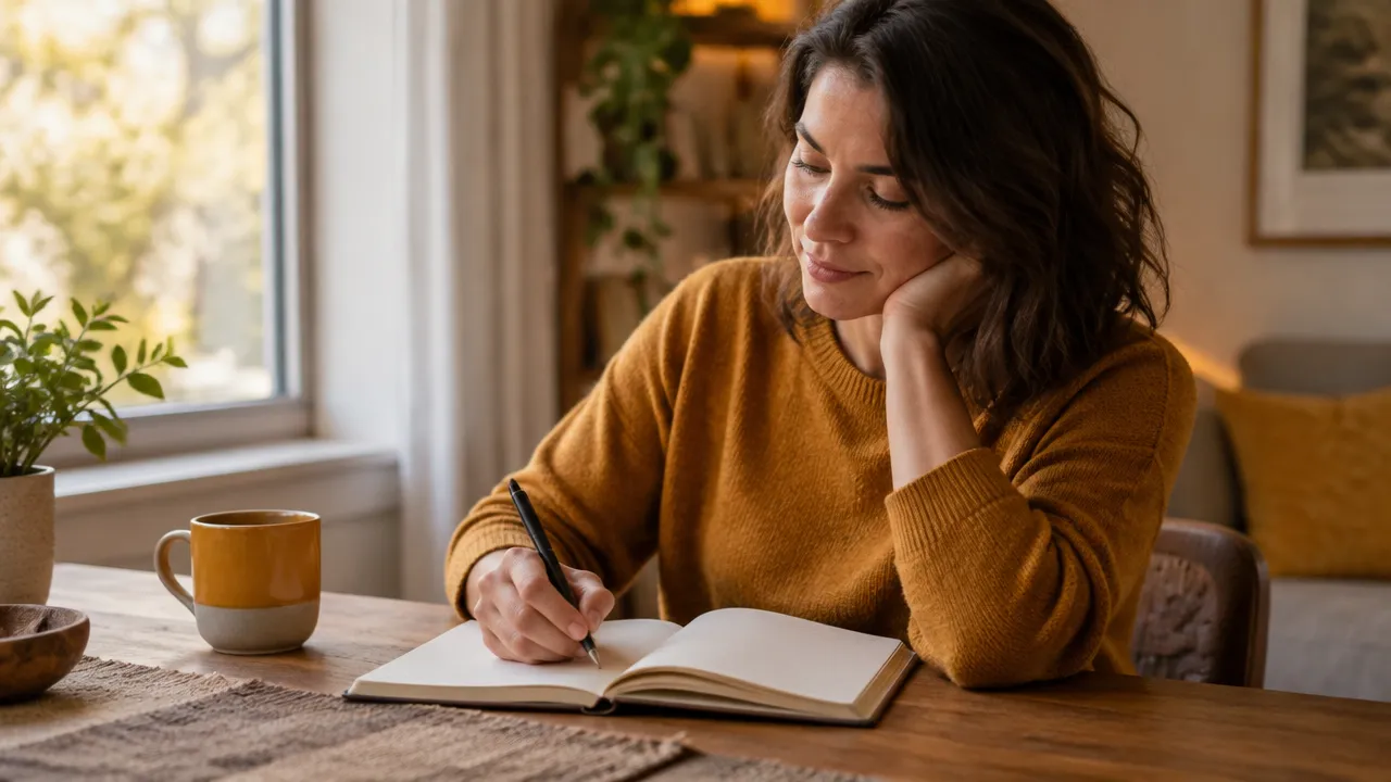 Persona escribe en un cuaderno junto a una ventana para reconocer emociones contradictorias