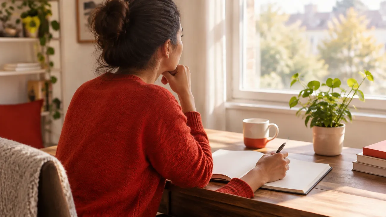 Persona escribe en un cuaderno junto a una ventana, reflexionando sobre sus emociones y decisiones cotidianas.