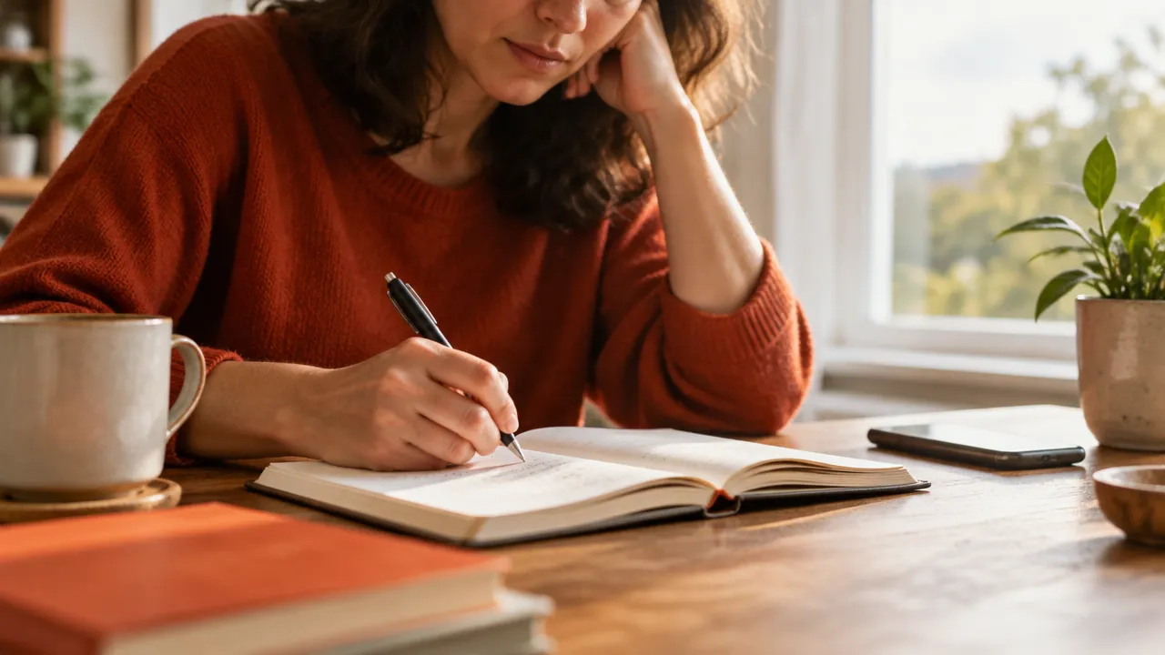Persona escribe en un cuaderno para reconocer excusas y elegir un cambio concreto