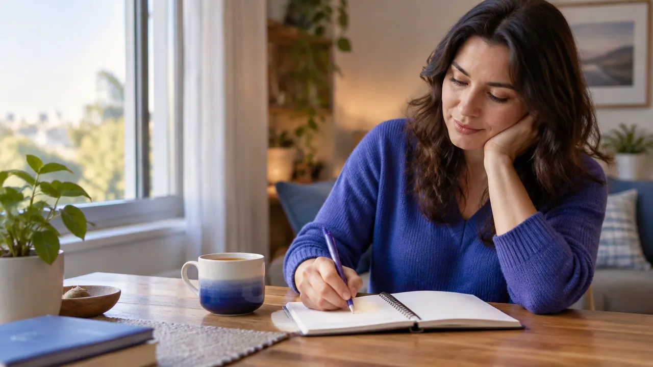 Persona escribe en un cuaderno pasos pequeños y realistas para afrontar una dificultad.