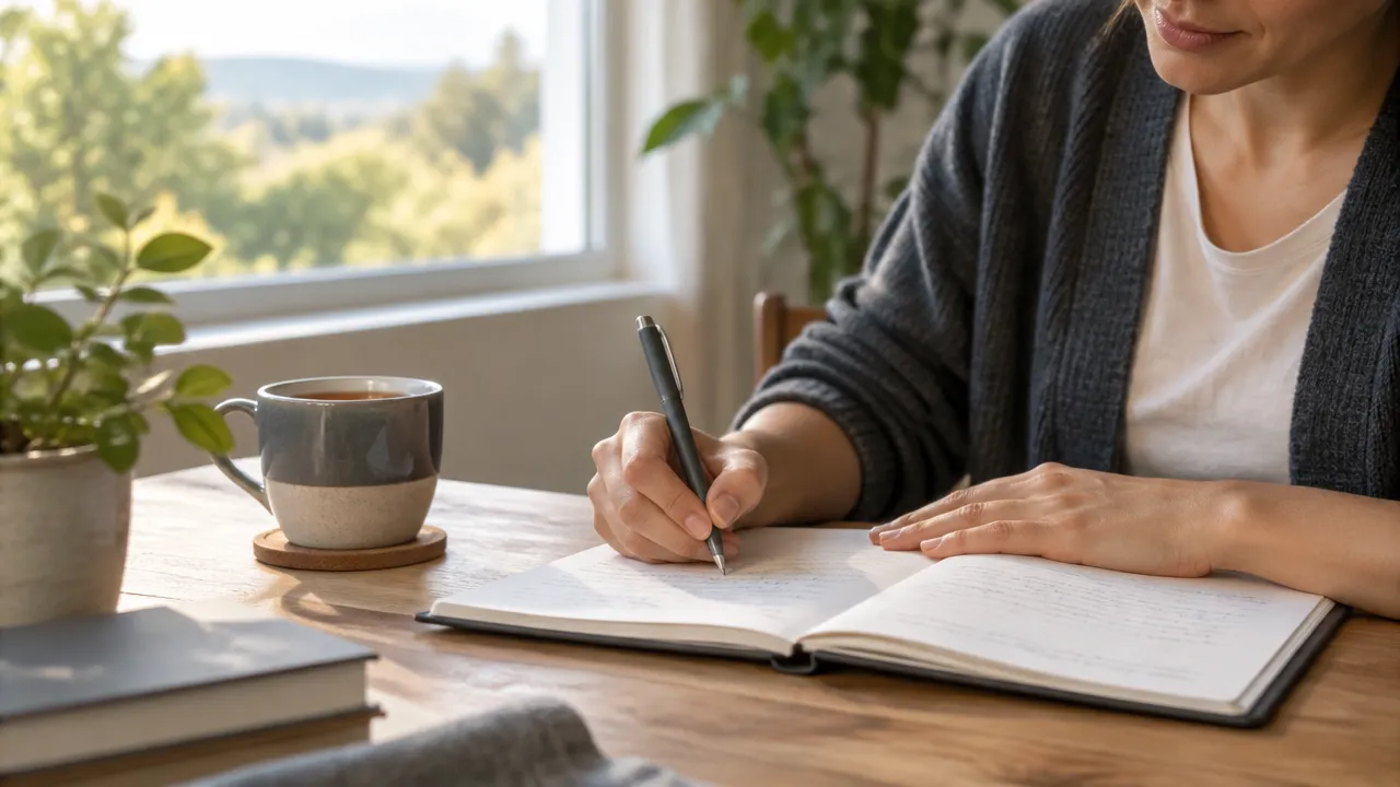 Persona escribe en un cuaderno tras un momento de atención consciente, como ejercicio práctico de autoconocimiento.