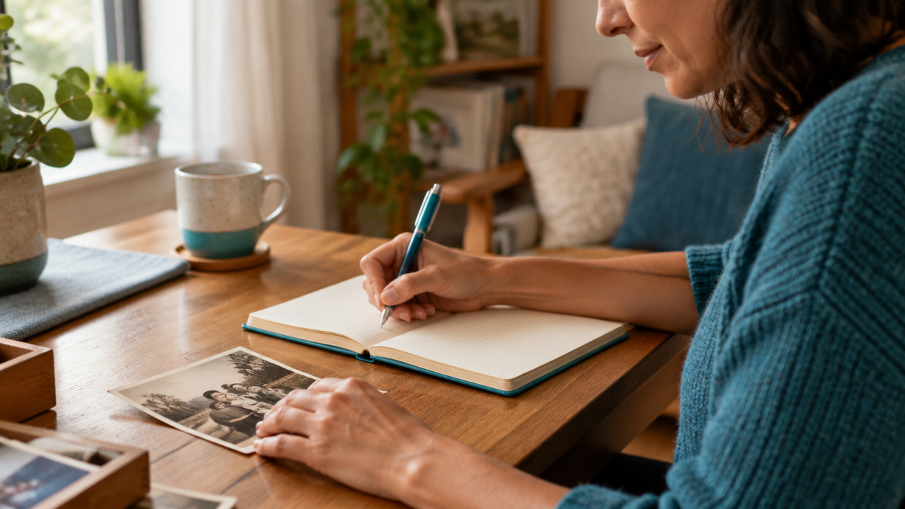 Persona escribe en un cuaderno y observa una fotografía familiar durante un ejercicio de reflexión sobre sus creencias.