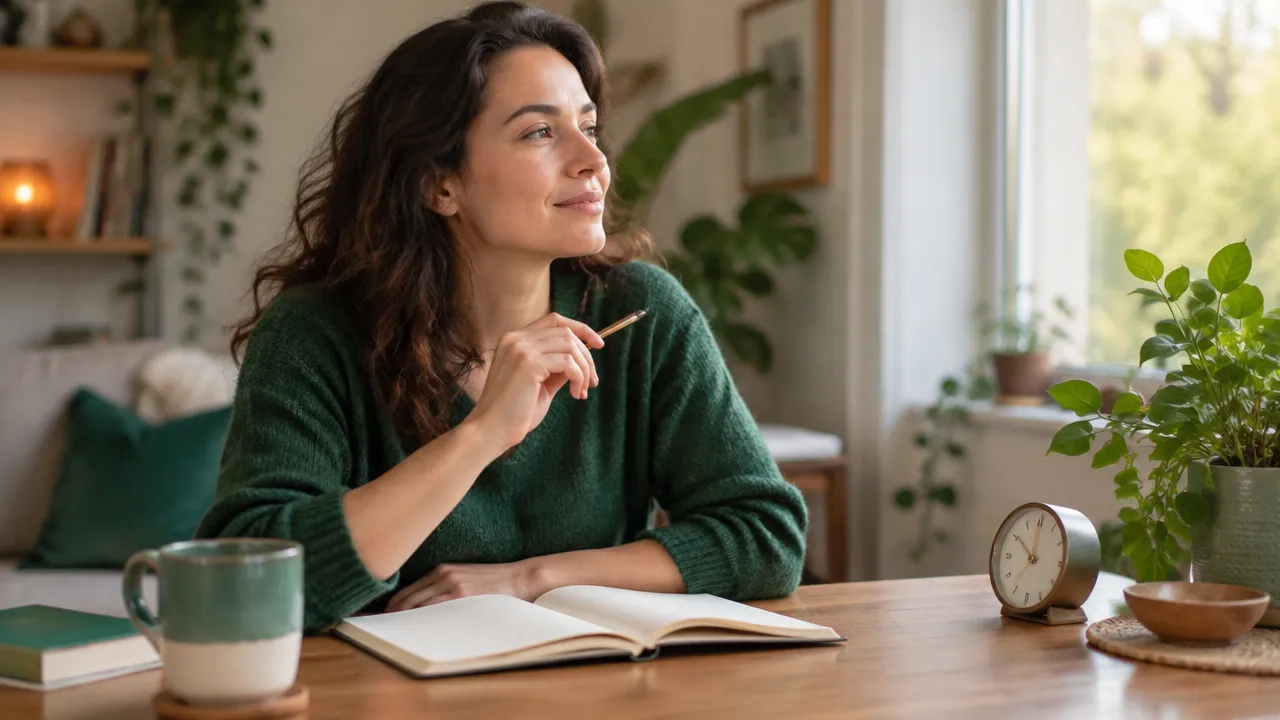 Persona escribe en un diario y hace una pausa compasiva tras su práctica contemplativa