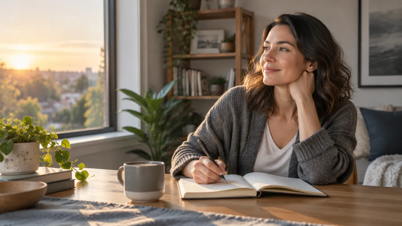 Persona escribiendo en un cuaderno junto a una ventana al comenzar el día, como práctica de crecimiento personal.