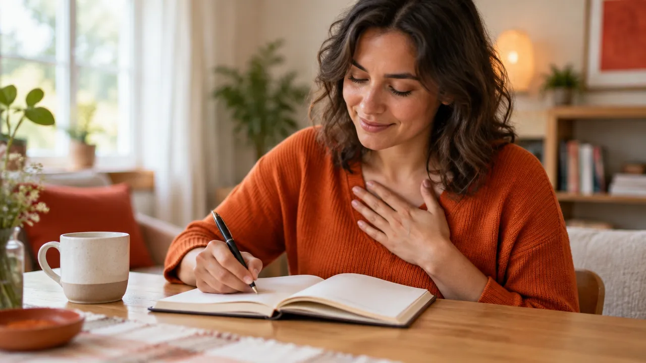 Persona escribiendo en un cuaderno tras hacer una pausa de respiración consciente para identificar sus emociones.