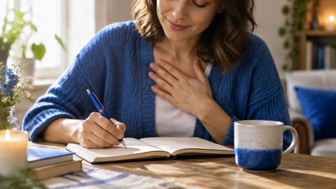 Persona escribiendo un diálogo interno amable en su cuaderno mientras se calma