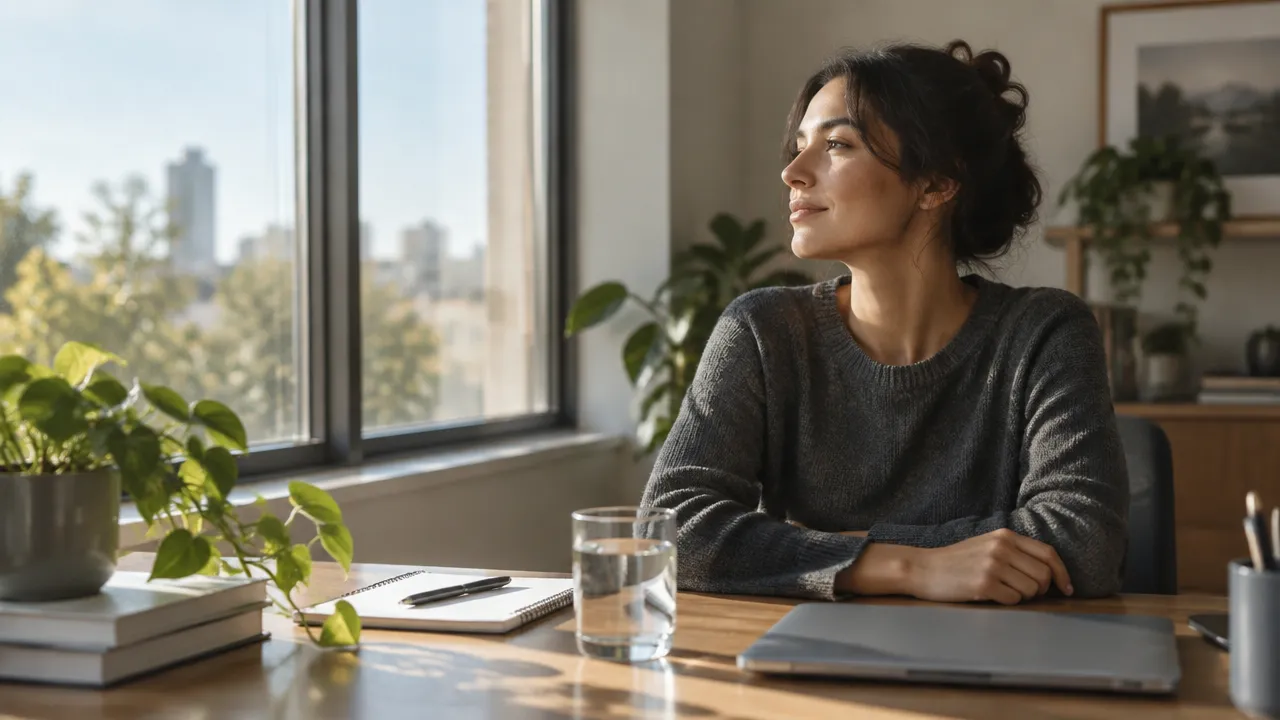 Persona hace una pausa consciente junto a su escritorio durante una jornada laboral larga
