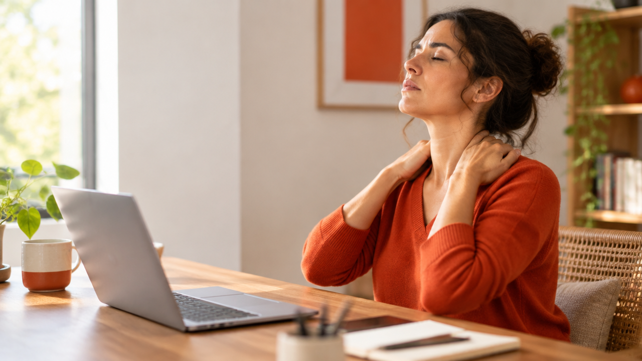 Persona hace una pausa durante el trabajo para notar la tensión en los hombros y la mandíbula